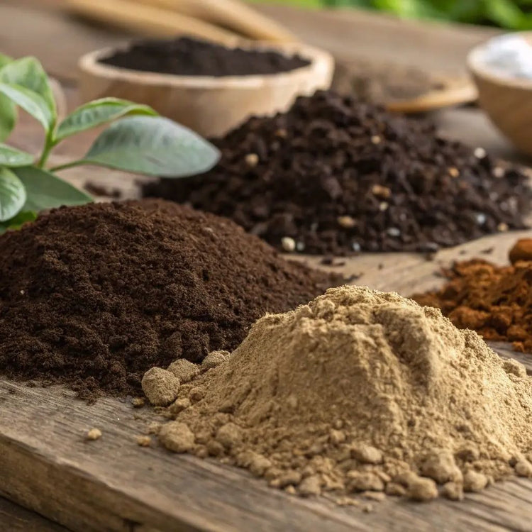 Organic powder-based soil amendments including kelp, rock phosphate, calcium, humic acid and amino acid inputs for custom soil fertility programs