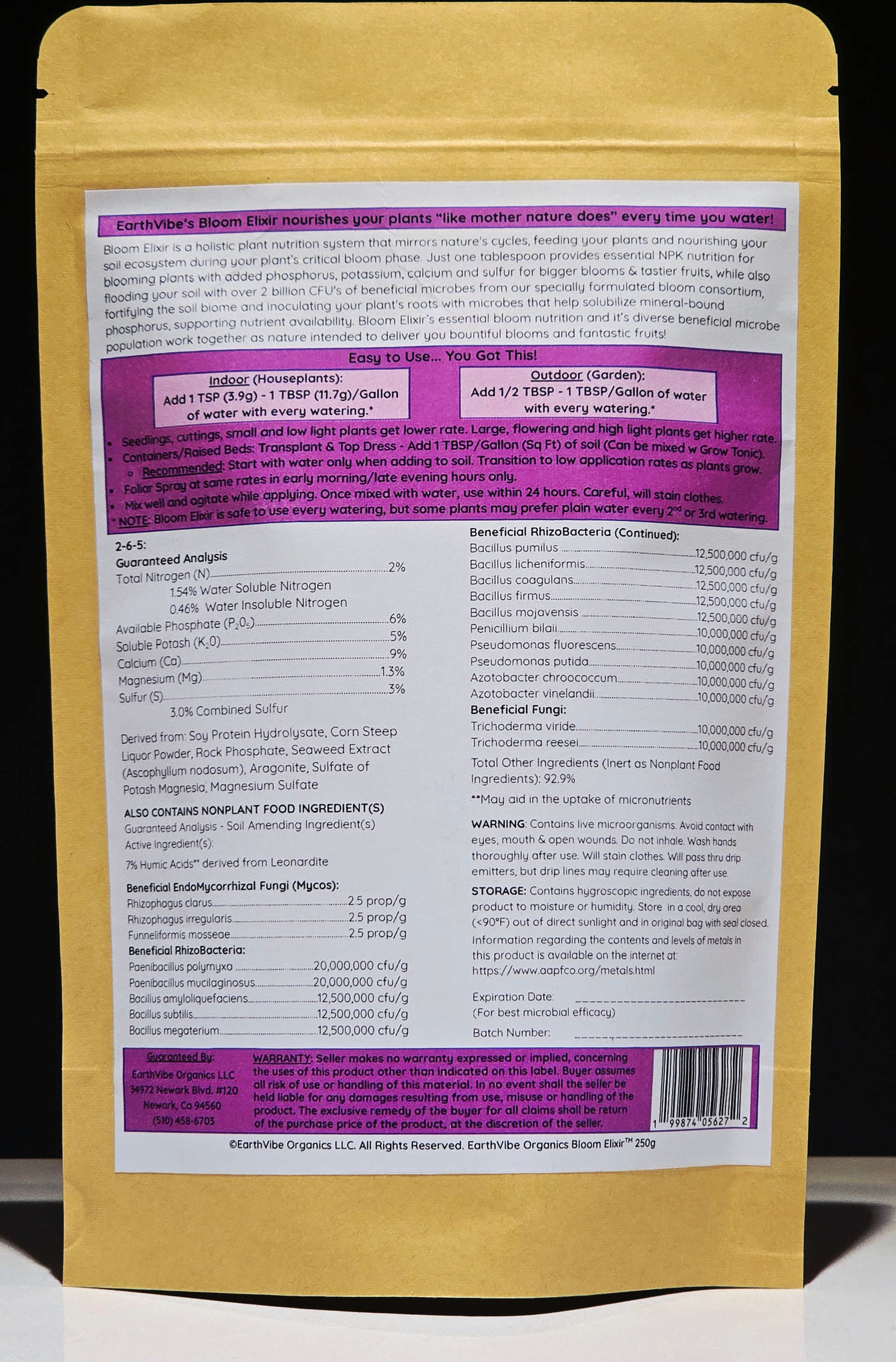 EarthVibe Organics Bloom Elixir Back Label showing How to Use, Guaranteed Analysis, Beneficial Microbes and Warranty