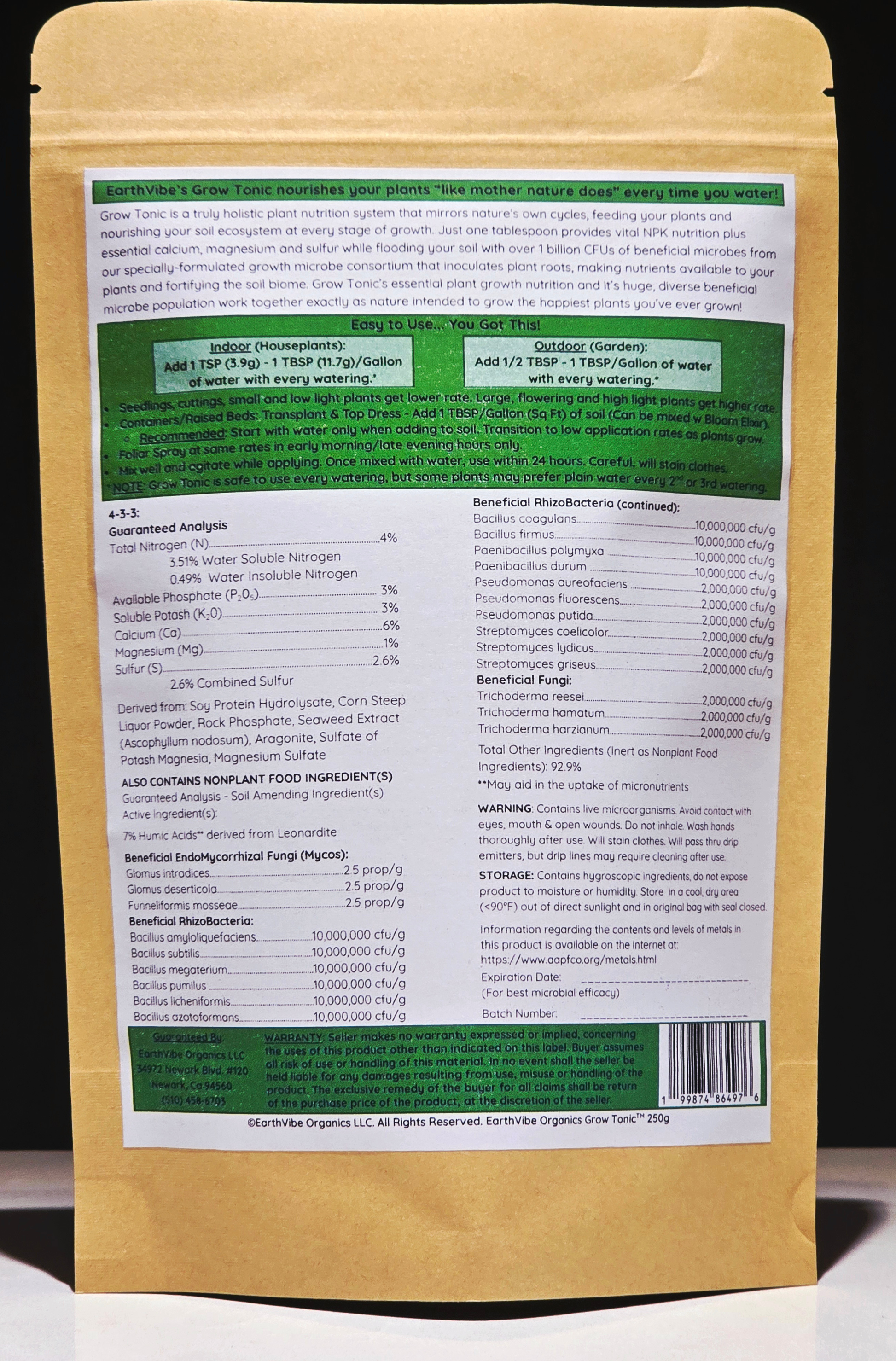 EarthVibe Organics Grow Tonic Back Label showing How to Use, Guaranteed Analysis, Beneficial Microbes and Warranty