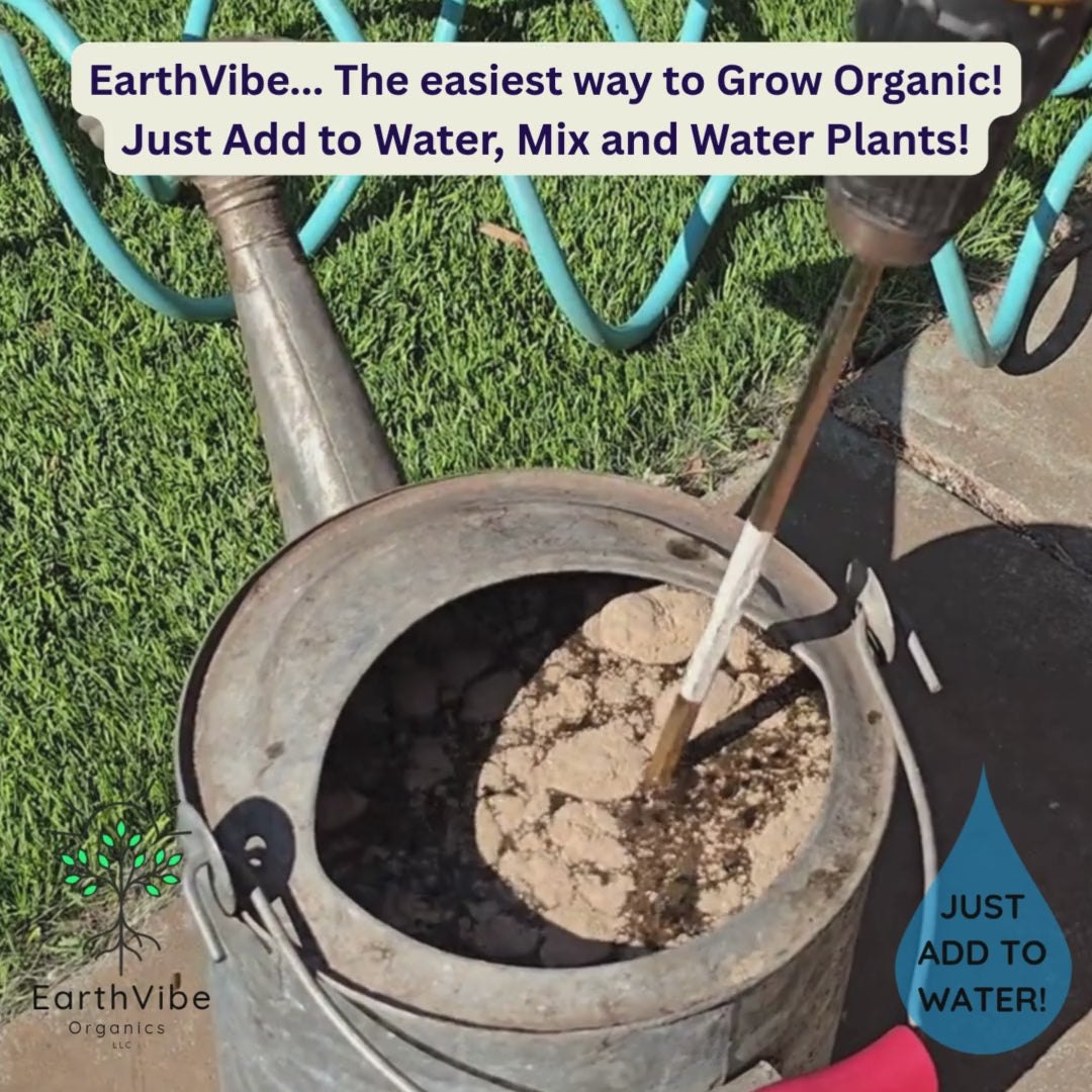 Video showing how easy it is to mix EarthVibe Organics Water Soluble fertilizer in water. Just add to water, mix and water plants!