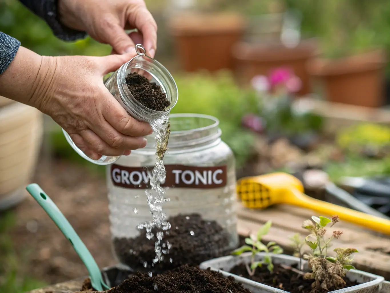 A close-up shot of a gardener's hands carefully mixing Grow Tonic into water, showcasing its easy-to-use, water-soluble nature and its effectiveness in promoting vigorous plant growth.
