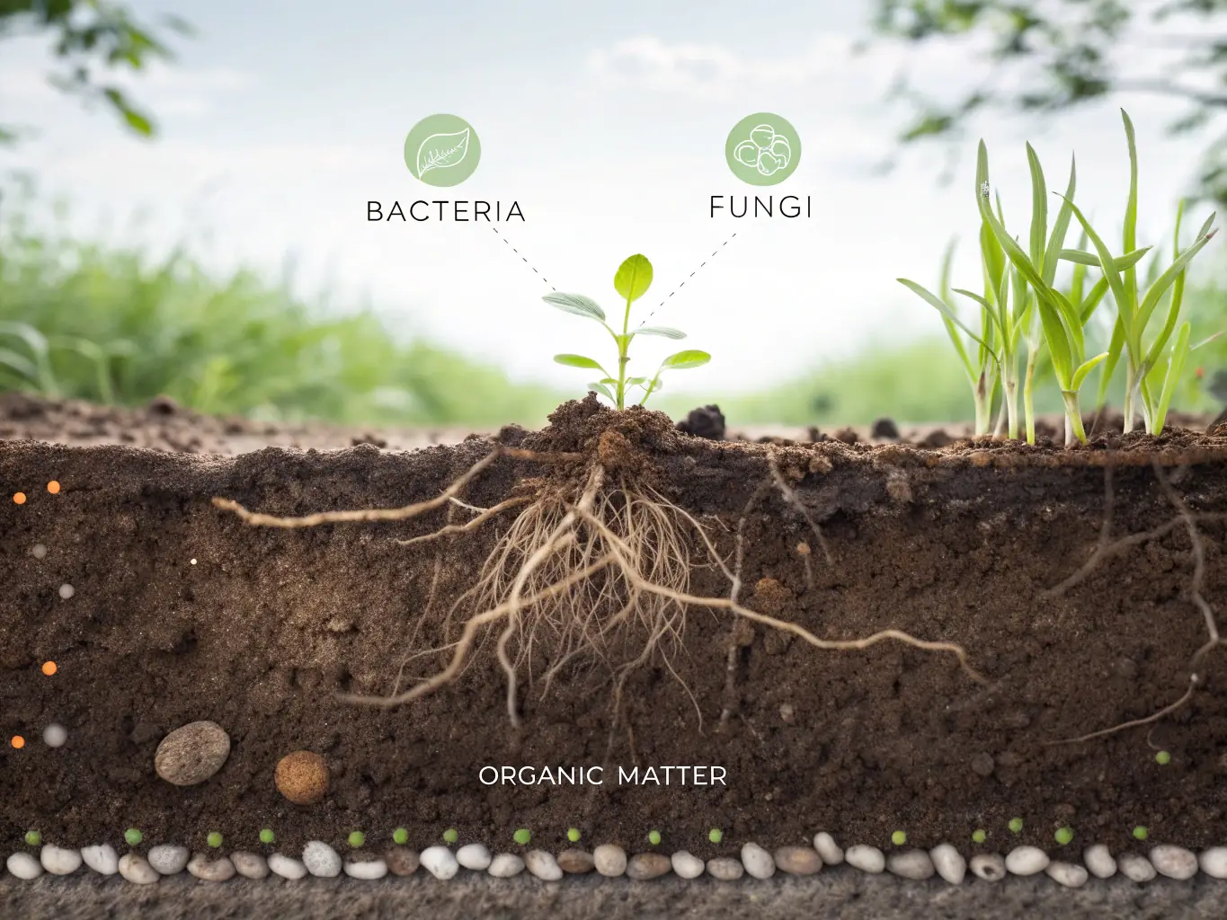 An infographic illustrating the components of the Soil Biome Building System working together to improve soil vitality, emphasizing the importance of soil health for overall plant growth.